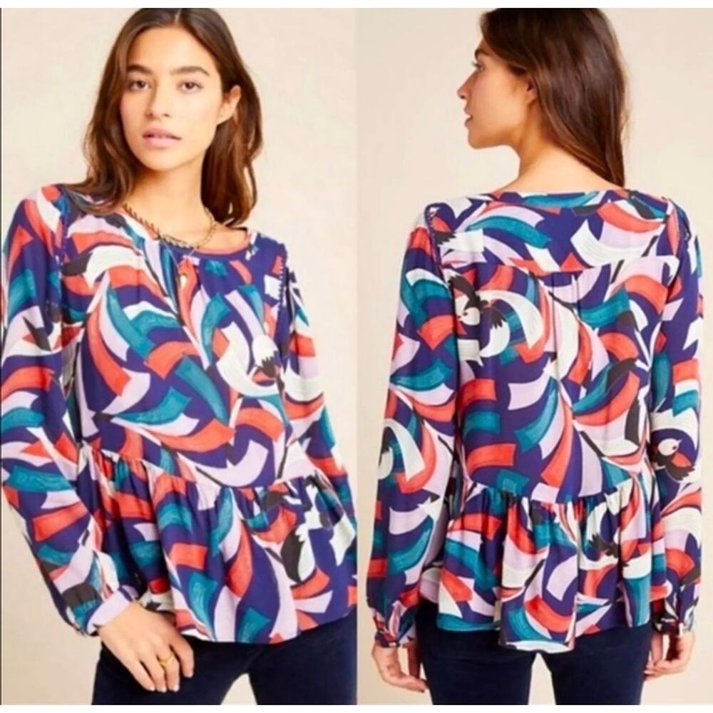Maeve by Anthropologie‎ Cheyenne Peplum Birds Blouse Top Multicolor Size Small